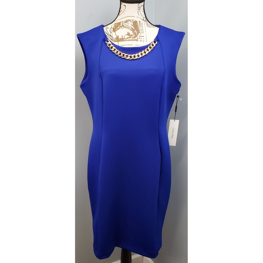 Calvin Klein Cocktail Sheath Dress Womens 14 Blue Sleeveless Gold Chain Neck